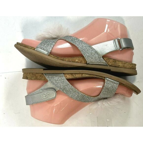 UGG Girls Pink Faux Fur Pom Pom Sandals Size 5 Fonda Glitter Pink Silver - Picture 7 of 12